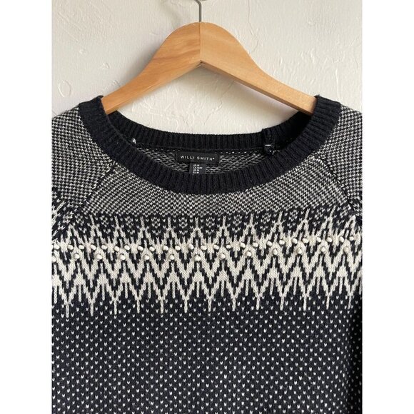 Willi Smith Black White Lambswool Blend Pom Pom Crewneck Pullover Sweater Size M - Picture 3 of 6